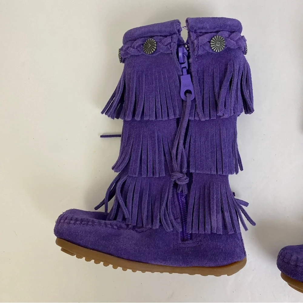 Minnetonka Purple Fringe Kids Moccasin Boots